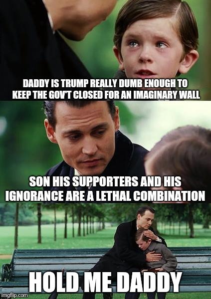 Finding Neverland Meme | DADDY IS TRUMP REALLY DUMB ENOUGH TO KEEP THE GOV'T CLOSED FOR AN IMAGINARY WALL; SON HIS SUPPORTERS AND HIS IGNORANCE ARE A LETHAL COMBINATION; HOLD ME DADDY | image tagged in memes,finding neverland | made w/ Imgflip meme maker