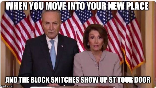 Neighborhood snitches  | WHEN YOU MOVE INTO YOUR NEW PLACE; AND THE BLOCK SNITCHES SHOW UP ST YOUR DOOR | image tagged in nancy pelosi,chuck schumer | made w/ Imgflip meme maker