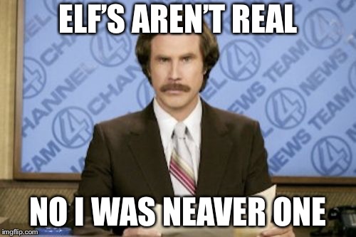 Ron Burgundy Meme | ELF’S AREN’T REAL; NO I WAS NEAVER ONE | image tagged in memes,ron burgundy | made w/ Imgflip meme maker