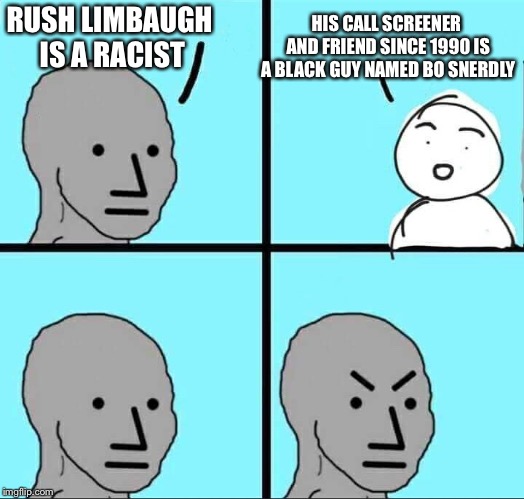 NPC Meme | HIS CALL SCREENER AND FRIEND SINCE 1990 IS A BLACK GUY NAMED BO SNERDLY; RUSH LIMBAUGH IS A RACIST | image tagged in npc meme | made w/ Imgflip meme maker