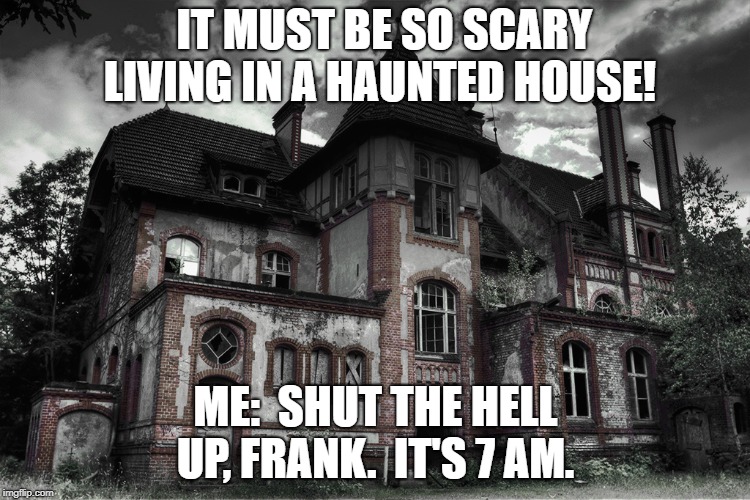 Haunted | IT MUST BE SO SCARY LIVING IN A HAUNTED HOUSE! ME:  SHUT THE HELL UP, FRANK.  IT'S 7 AM. | image tagged in haunted | made w/ Imgflip meme maker