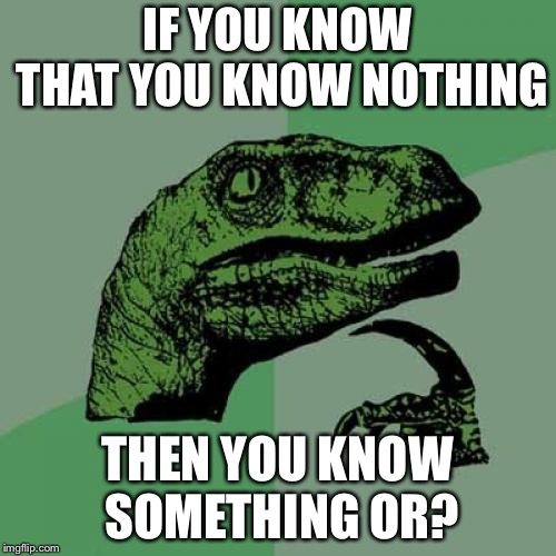 Smart | IF YOU KNOW THAT YOU KNOW NOTHING; THEN YOU KNOW SOMETHING
OR? | image tagged in memes,philosoraptor | made w/ Imgflip meme maker