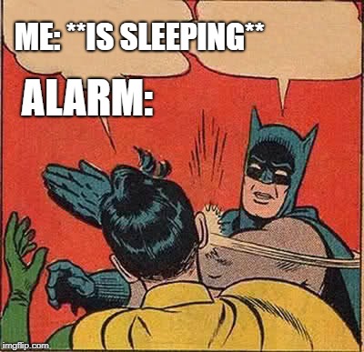 Batman Slapping Robin | ME: **IS SLEEPING**; ALARM: | image tagged in memes,batman slapping robin | made w/ Imgflip meme maker