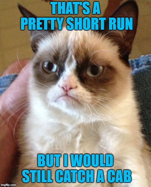 Grumpy Cat Meme | THAT'S A PRETTY SHORT RUN BUT I WOULD STILL CATCH A CAB | image tagged in memes,grumpy cat | made w/ Imgflip meme maker