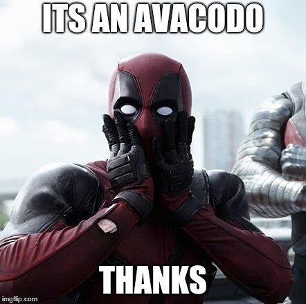 Deadpool Surprised | ITS AN AVACODO; THANKS | image tagged in memes,deadpool surprised | made w/ Imgflip meme maker