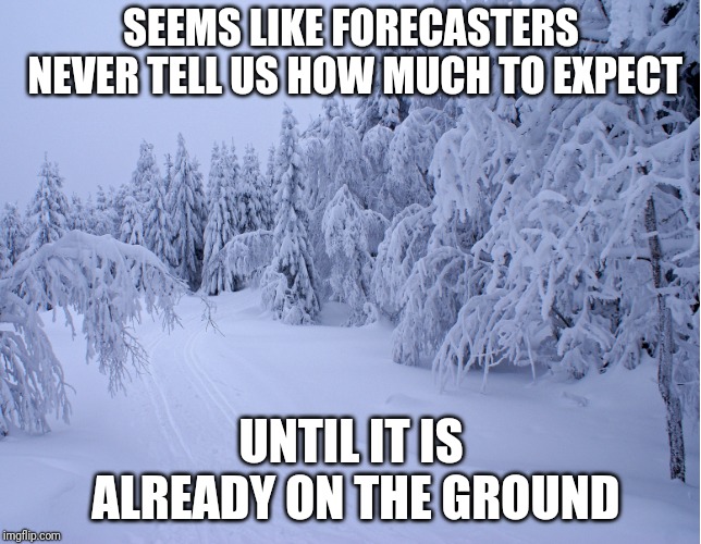 Why U No Give Us Inches? | SEEMS LIKE FORECASTERS NEVER TELL US HOW MUCH TO EXPECT; UNTIL IT IS ALREADY ON THE GROUND | image tagged in snow,forecast | made w/ Imgflip meme maker