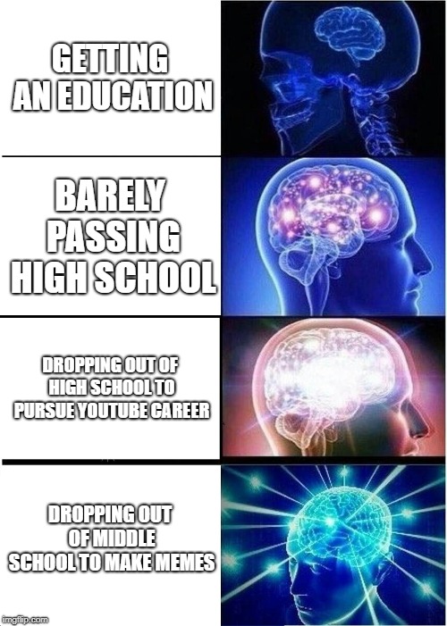 Expanding Brain Meme | GETTING AN EDUCATION; BARELY PASSING HIGH SCHOOL; DROPPING OUT OF HIGH SCHOOL TO PURSUE YOUTUBE CAREER; DROPPING OUT OF MIDDLE SCHOOL TO MAKE MEMES | image tagged in memes,expanding brain | made w/ Imgflip meme maker