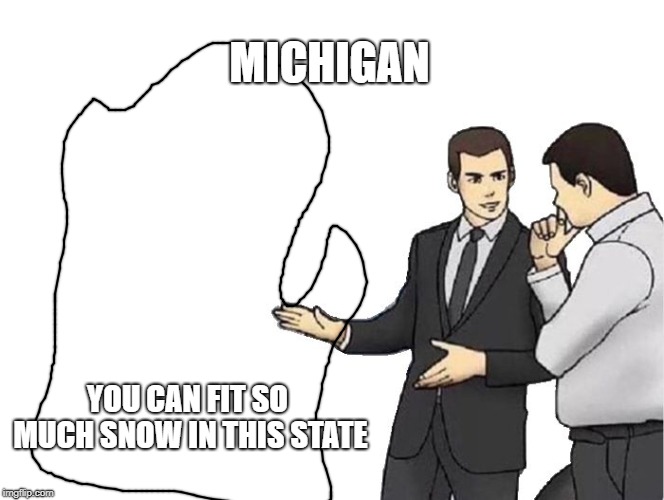 yup, believe me i lived there   | MICHIGAN; YOU CAN FIT SO MUCH SNOW IN THIS STATE | image tagged in memes,car salesman slaps hood | made w/ Imgflip meme maker
