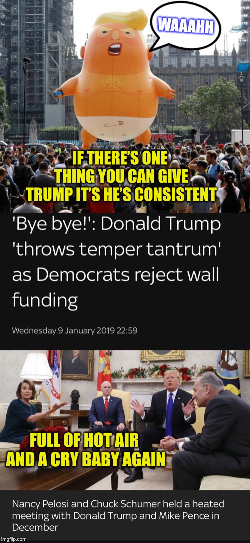 Trumps Got One Thing Going For Him...Well There’s Loads of Money Also I Guess | WAAAHH; IF THERE’S ONE THING YOU CAN GIVE TRUMP IT’S HE’S CONSISTENT; FULL OF HOT AIR AND A CRY BABY AGAIN | image tagged in memes,politics,trump,donald trump,cry baby | made w/ Imgflip meme maker