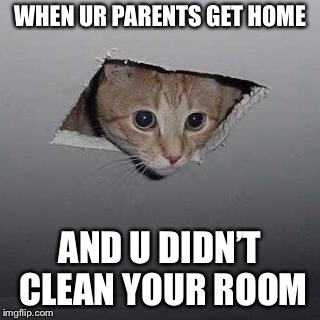 Ceiling Cat Meme | WHEN UR PARENTS GET HOME; AND U DIDN’T CLEAN YOUR ROOM | image tagged in memes,ceiling cat | made w/ Imgflip meme maker