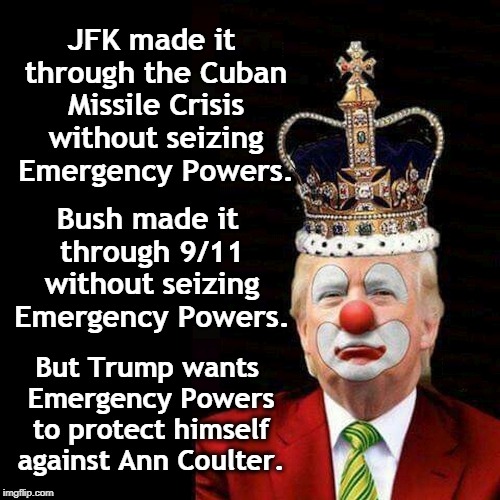 What a WUSS! This is weakness, not strength. | JFK made it through the Cuban Missile Crisis without seizing Emergency Powers. Bush made it through 9/11 without seizing Emergency Powers. But Trump wants Emergency Powers to protect himself against Ann Coulter. | image tagged in jfk,bush,cuban missile crisis,9/11,trump,emergency powers | made w/ Imgflip meme maker