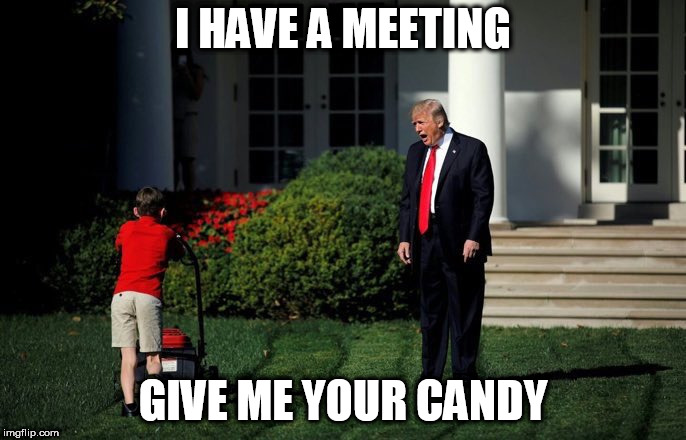 Trump Lawn Mower | I HAVE A MEETING; GIVE ME YOUR CANDY | image tagged in trump lawn mower | made w/ Imgflip meme maker