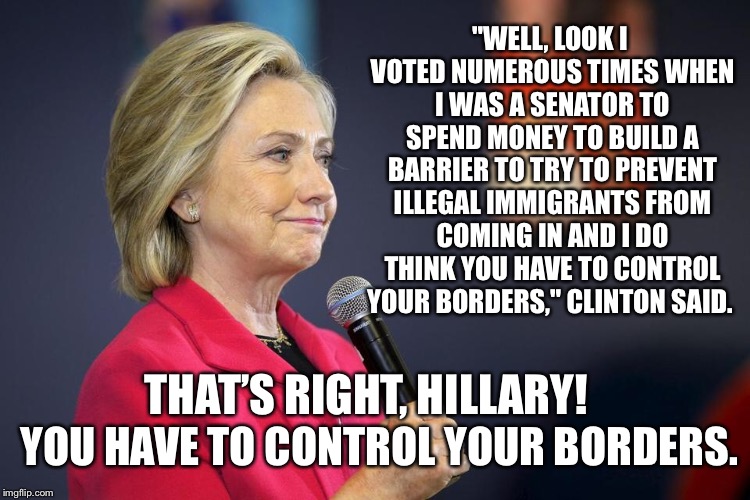 Hillary Gets It Right! | "WELL, LOOK I VOTED NUMEROUS TIMES WHEN I WAS A SENATOR TO SPEND MONEY TO BUILD A BARRIER TO TRY TO PREVENT ILLEGAL IMMIGRANTS FROM COMING IN AND I DO THINK YOU HAVE TO CONTROL YOUR BORDERS," CLINTON SAID. THAT’S RIGHT, HILLARY! YOU HAVE TO CONTROL YOUR BORDERS. | image tagged in hillary,border,immigration,wall,gets it right | made w/ Imgflip meme maker