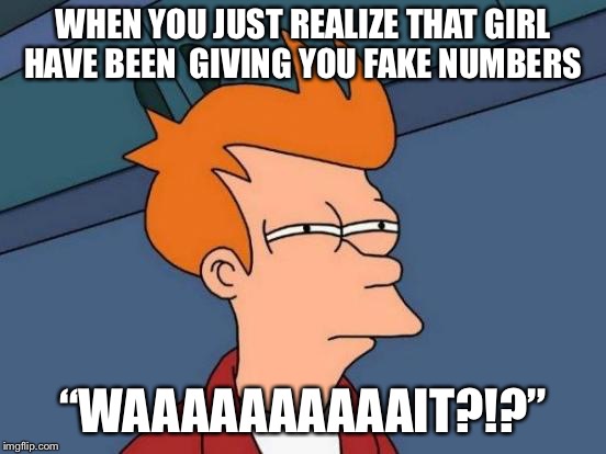 Futurama Fry | WHEN YOU JUST REALIZE THAT GIRL HAVE BEEN  GIVING YOU FAKE NUMBERS; “WAAAAAAAAAAIT?!?” | image tagged in memes,futurama fry | made w/ Imgflip meme maker