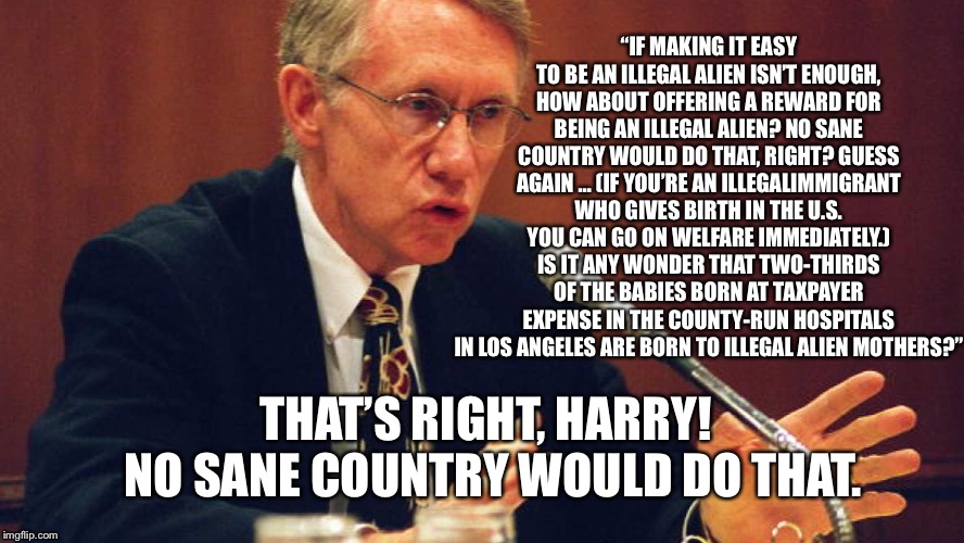 Harry Reid Gets It Right! | “IF MAKING IT EASY TO BE AN ILLEGAL ALIEN ISN’T ENOUGH, HOW ABOUT OFFERING A REWARD FOR BEING AN ILLEGAL ALIEN? NO SANE COUNTRY WOULD DO THAT, RIGHT? GUESS AGAIN … (IF YOU’RE AN ILLEGALIMMIGRANT WHO GIVES BIRTH IN THE U.S. YOU CAN GO ON WELFARE IMMEDIATELY.) IS IT ANY WONDER THAT TWO-THIRDS OF THE BABIES BORN AT TAXPAYER EXPENSE IN THE COUNTY-RUN HOSPITALS IN LOS ANGELES ARE BORN TO ILLEGAL ALIEN MOTHERS?”; THAT’S RIGHT, HARRY! NO SANE COUNTRY WOULD DO THAT. | image tagged in illegal,immigration,wall,harry reid | made w/ Imgflip meme maker