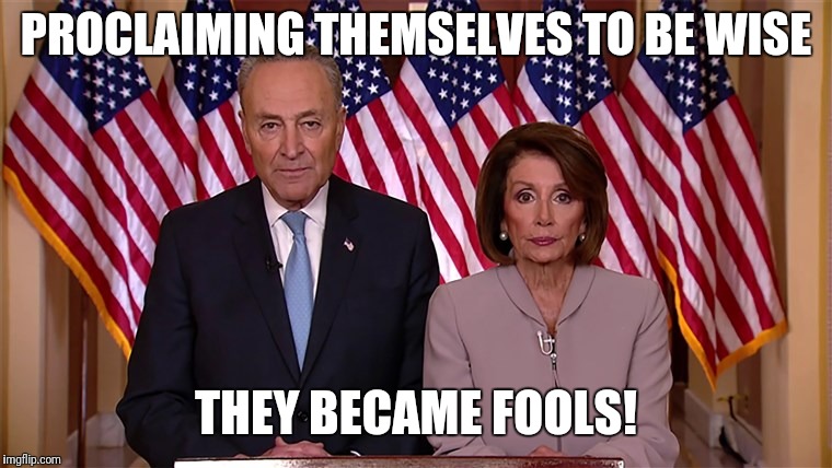 Pelosi and Schumer | PROCLAIMING THEMSELVES TO BE WISE; THEY BECAME FOOLS! | image tagged in pelosi and schumer | made w/ Imgflip meme maker