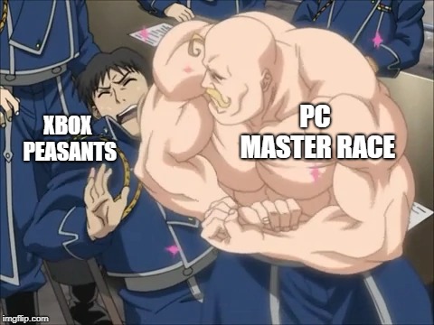 When there's just no contest anymore | PC MASTER RACE; XBOX PEASANTS | image tagged in armstrong flex,xbox,pc master race,flex,console,memes | made w/ Imgflip meme maker