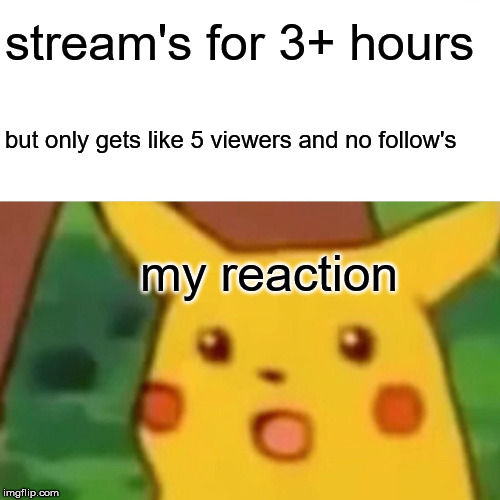 Surprised Pikachu Meme | stream's for 3+ hours; but only gets like 5 viewers and no follow's; my reaction | image tagged in memes,surprised pikachu | made w/ Imgflip meme maker