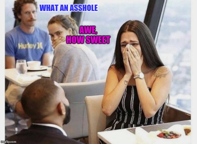 The look on this guys face is priceless | WHAT AN ASSHOLE; AWE, HOW SWEET | image tagged in proposal | made w/ Imgflip meme maker