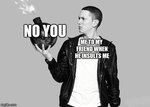 Eminem bomb | NO YOU; ME TO MY FRIEND WHEN HE INSULTS ME | image tagged in eminem bomb | made w/ Imgflip meme maker