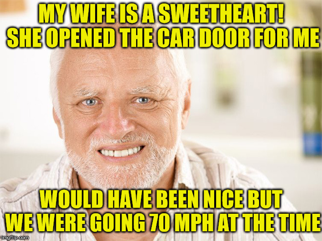 Hide The Road Rash Harold | MY WIFE IS A SWEETHEART! SHE OPENED THE CAR DOOR FOR ME; WOULD HAVE BEEN NICE BUT WE WERE GOING 70 MPH AT THE TIME | image tagged in hide the pain harold,memes,car,door,wife,sweet | made w/ Imgflip meme maker