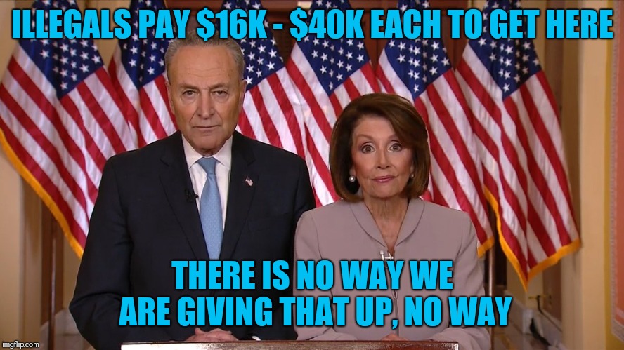 Chuck and Nancy | ILLEGALS PAY $16K - $40K EACH TO GET HERE; THERE IS NO WAY WE ARE GIVING THAT UP, NO WAY | image tagged in chuck and nancy | made w/ Imgflip meme maker
