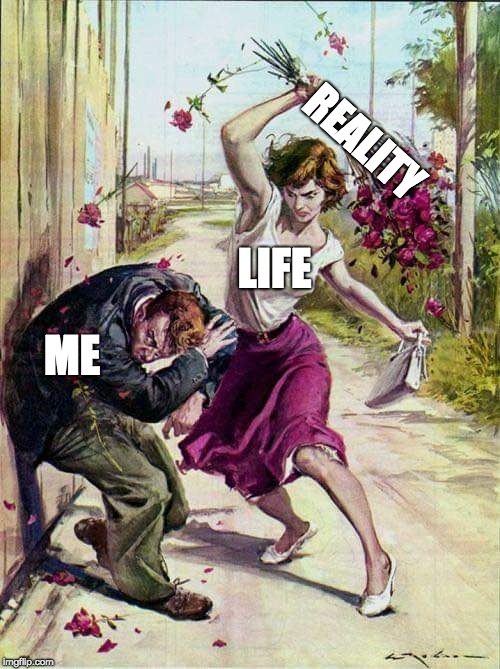 Dreams be like... | REALITY; LIFE; ME | image tagged in beaten with roses,reality,memes,funny,filler,life | made w/ Imgflip meme maker