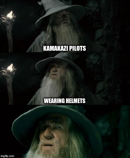 Confused Gandalf | KAMAKAZI PILOTS; WEARING HELMETS | image tagged in memes,confused gandalf,kamakazi pilots | made w/ Imgflip meme maker