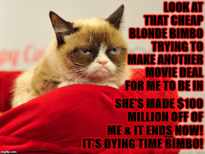 LOOK AT THAT CHEAP BLONDE BIMBO TRYING TO MAKE ANOTHER MOVIE DEAL FOR ME TO BE IN; SHE'S MADE $100 MILLION OFF OF ME & IT ENDS NOW! IT'S DYING TIME BIMBO! | image tagged in grumpy | made w/ Imgflip meme maker