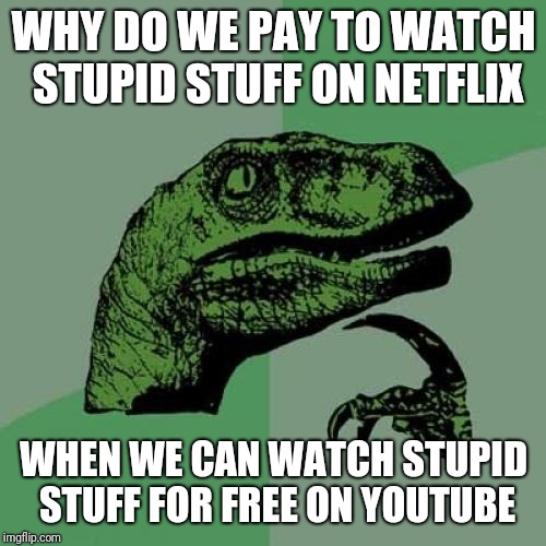 Philosoraptor Meme | WHY DO WE PAY TO WATCH STUPID STUFF ON NETFLIX WHEN WE CAN WATCH STUPID STUFF FOR FREE ON YOUTUBE | image tagged in memes,philosoraptor | made w/ Imgflip meme maker