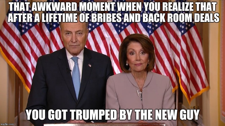 Chuck Schumer and Nancy Pelosi are the reasons we need term limits | THAT AWKWARD MOMENT WHEN YOU REALIZE THAT AFTER A LIFETIME OF BRIBES AND BACK ROOM DEALS; YOU GOT TRUMPED BY THE NEW GUY | image tagged in chuck and nancy,chuck schumer,nancy pelosi,term limits,no wall no votes,never incumbent | made w/ Imgflip meme maker