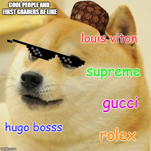Doge | COOL PEOPLE AND FIRST GRADERS BE LIKE; louis viton; supreme; gucci; hugo bosss; rolex | image tagged in memes,doge | made w/ Imgflip meme maker