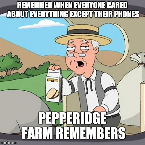 Pepperidge Farm Remembers Meme | REMEMBER WHEN EVERYONE CARED ABOUT EVERYTHING EXCEPT THEIR PHONES; PEPPERIDGE FARM REMEMBERS | image tagged in memes,pepperidge farm remembers | made w/ Imgflip meme maker