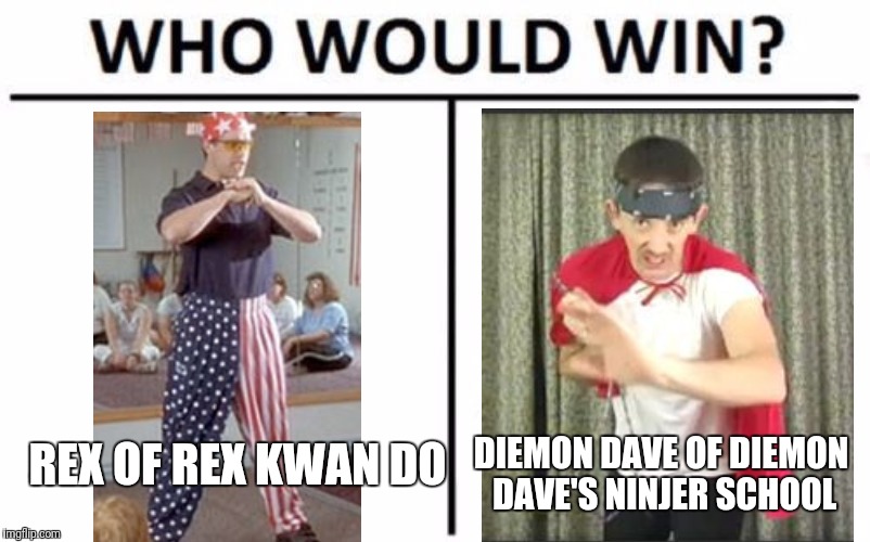 Can Dave get in some judie chops or will Rex block it every time?! Let me know in the comments! Links to videos below. | REX OF REX KWAN DO; DIEMON DAVE OF DIEMON DAVE'S NINJER SCHOOL | image tagged in memes,who would win,rex kwan do,diemon dave,martial arts | made w/ Imgflip meme maker
