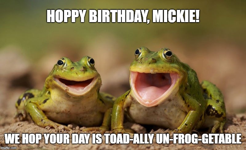 Frog Joy | HOPPY BIRTHDAY, MICKIE! WE HOP YOUR DAY IS TOAD-ALLY UN-FROG-GETABLE | image tagged in frog joy | made w/ Imgflip meme maker