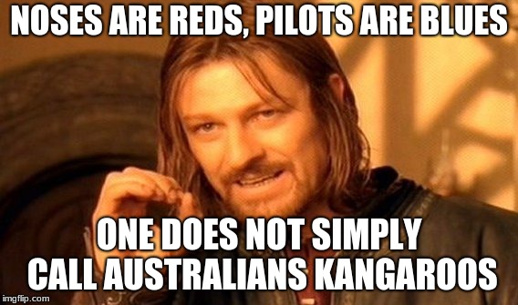 One Does Not Simply Meme | NOSES ARE REDS, PILOTS ARE BLUES; ONE DOES NOT SIMPLY CALL AUSTRALIANS KANGAROOS | image tagged in memes,one does not simply | made w/ Imgflip meme maker