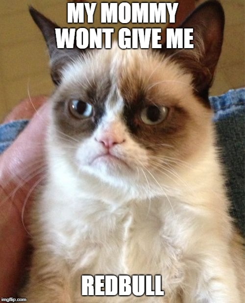 Grumpy Cat Meme | MY MOMMY WONT GIVE ME; REDBULL | image tagged in memes,grumpy cat | made w/ Imgflip meme maker