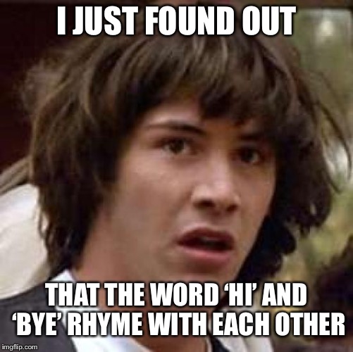 When 2 of the most famous greetings rhyme with each other.  | I JUST FOUND OUT; THAT THE WORD ‘HI’ AND ‘BYE’ RHYME WITH EACH OTHER | image tagged in memes,conspiracy keanu,hello,bye,coincidence,rhymes | made w/ Imgflip meme maker