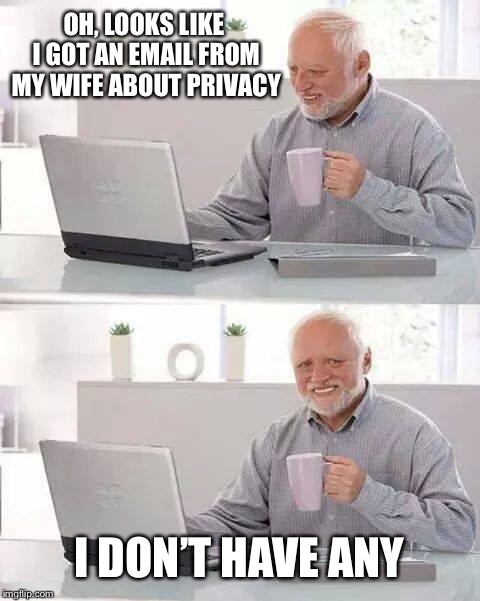 Wifey Email | OH, LOOKS LIKE I GOT AN EMAIL FROM MY WIFE ABOUT PRIVACY I DON’T HAVE ANY | image tagged in memes,hide the pain harold,wife,privacy | made w/ Imgflip meme maker