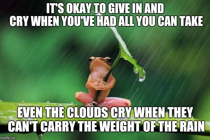 Frog with umbrella | IT'S OKAY TO GIVE IN AND CRY WHEN YOU'VE HAD ALL YOU CAN TAKE; EVEN THE CLOUDS CRY WHEN THEY CAN'T CARRY THE WEIGHT OF THE RAIN | image tagged in frog with umbrella | made w/ Imgflip meme maker