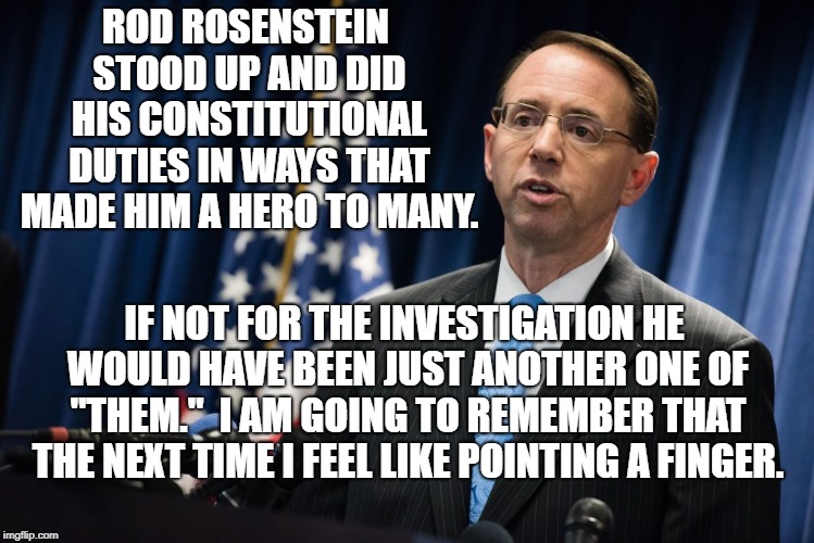 Rod Rosenstein, American | ROD ROSENSTEIN STOOD UP AND DID HIS CONSTITUTIONAL DUTIES IN WAYS THAT MADE HIM A HERO TO MANY. IF NOT FOR THE INVESTIGATION HE WOULD HAVE BEEN JUST ANOTHER ONE OF "THEM."  I AM GOING TO REMEMBER THAT THE NEXT TIME I FEEL LIKE POINTING A FINGER. | image tagged in politics | made w/ Imgflip meme maker