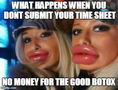 Duck Face Chicks | WHAT HAPPENS WHEN YOU DONT SUBMIT YOUR TIME SHEET; NO MONEY FOR THE GOOD BOTOX | image tagged in memes,duck face chicks | made w/ Imgflip meme maker