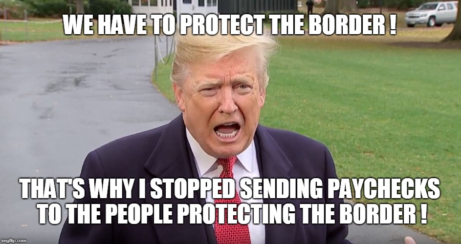 WE HAVE TO PROTECT THE BORDER ! THAT'S WHY I STOPPED SENDING PAYCHECKS TO THE PEOPLE PROTECTING THE BORDER ! | image tagged in government shutdown,trump | made w/ Imgflip meme maker