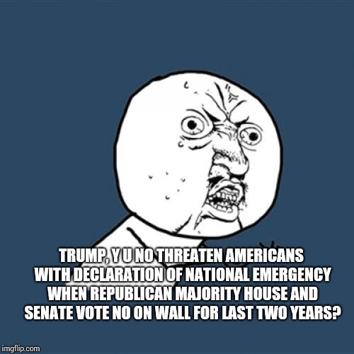 He'll Be Long Gone When His AND Your Grandchildren Are Still Paying the Price for The Ego Big Enough It Needs A WALL. | TRUMP, Y U NO THREATEN AMERICANS WITH DECLARATION OF NATIONAL EMERGENCY WHEN REPUBLICAN MAJORITY HOUSE AND SENATE VOTE NO ON WALL FOR LAST TWO YEARS? | image tagged in memes,y u no,trump unfit unqualified dangerous,lock him up,trump russia collusion,trump lies | made w/ Imgflip meme maker