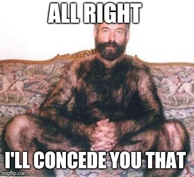 Hairy man | ALL RIGHT I'LL CONCEDE YOU THAT | image tagged in hairy man | made w/ Imgflip meme maker