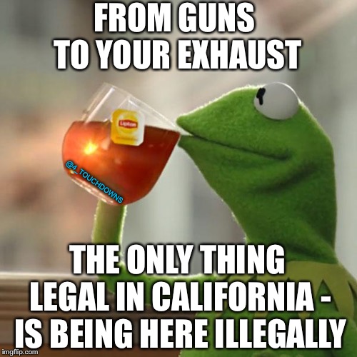 California Love? | FROM GUNS TO YOUR EXHAUST; @4_TOUCHDOWNS; THE ONLY THING LEGAL IN CALIFORNIA - IS BEING HERE ILLEGALLY | image tagged in memes,but thats none of my business,kermit the frog,california,illegal immigration,libtards | made w/ Imgflip meme maker