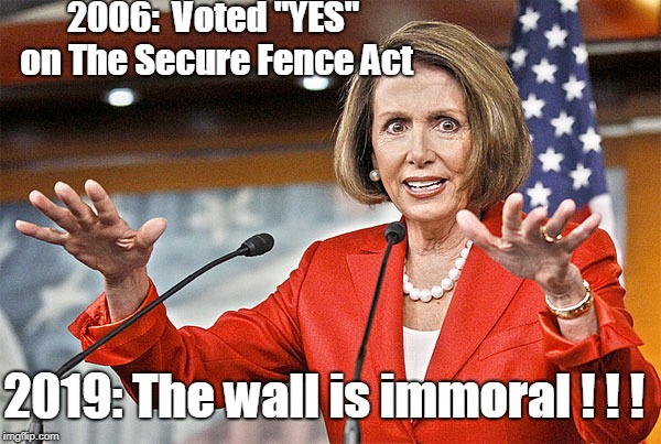 What changed Nancy?  | 2006:  Voted "YES" on The Secure Fence Act; 2019: The wall is immoral ! ! ! | image tagged in nancy pelosi is crazy,the wall is immoral,border wall,fence aka border wall | made w/ Imgflip meme maker