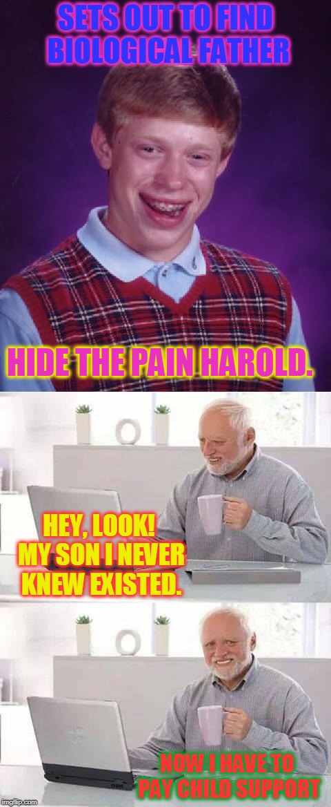 Neither can catch a break it seems! | SETS OUT TO FIND BIOLOGICAL FATHER; HIDE THE PAIN HAROLD. HEY, LOOK! MY SON I NEVER KNEW EXISTED. NOW I HAVE TO PAY CHILD SUPPORT | image tagged in memes,bad luck brian,hide the pain harold,nixieknox | made w/ Imgflip meme maker