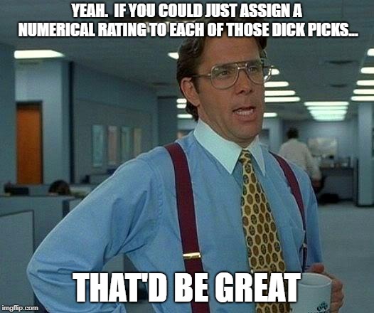 That Would Be Great | YEAH.  IF YOU COULD JUST ASSIGN A NUMERICAL RATING TO EACH OF THOSE DICK PICKS... THAT'D BE GREAT | image tagged in memes,that would be great | made w/ Imgflip meme maker
