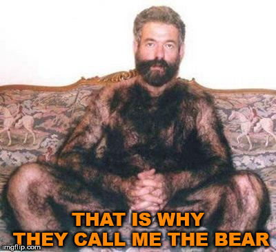 Al Gore's Man Bear | THAT IS WHY THEY CALL ME THE BEAR | image tagged in hairy man | made w/ Imgflip meme maker